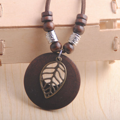 Retro Wooden Long Hair Chain Necklace with National Wind Design