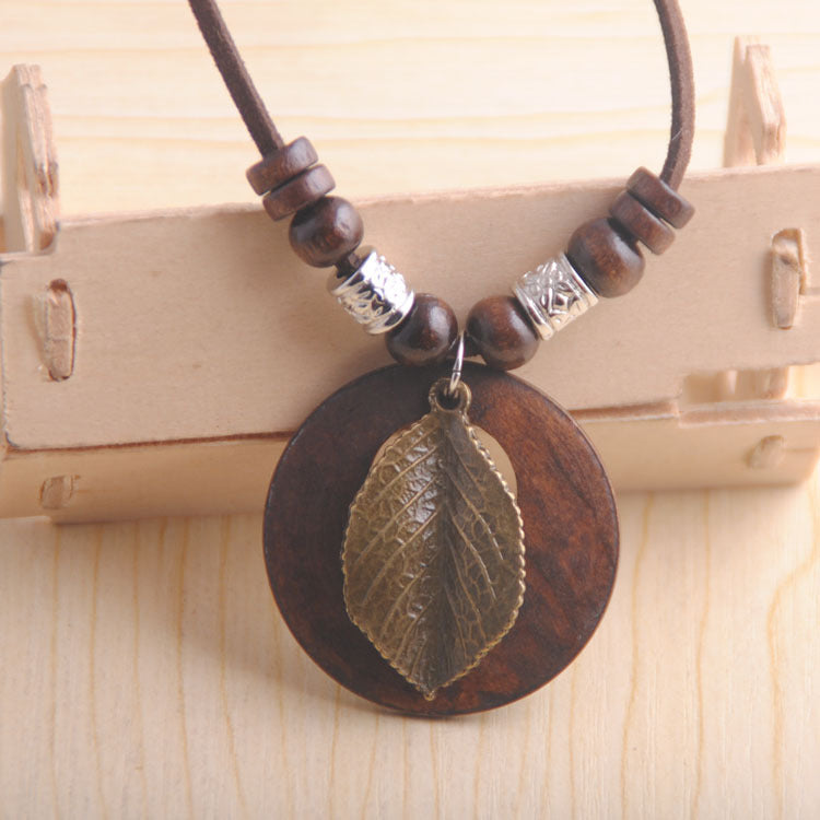 Retro Wooden Long Hair Chain Necklace with National Wind Design