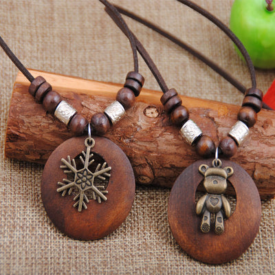 Retro Wooden Long Hair Chain Necklace with National Wind Design