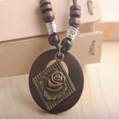 Retro Wooden Long Hair Chain Necklace with National Wind Design
